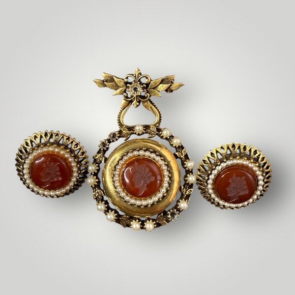 Vintage Florenza Cameo Locket Brooch & Earrings Set Cameo - Picture 1 of 12
